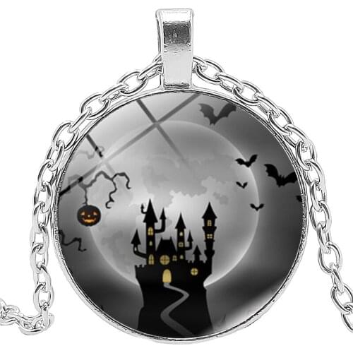 New Jewelry Statement Necklace Halloween Witch Pattern Creative Time Glass Convex Round Pendant Necklace Childrens Gift
