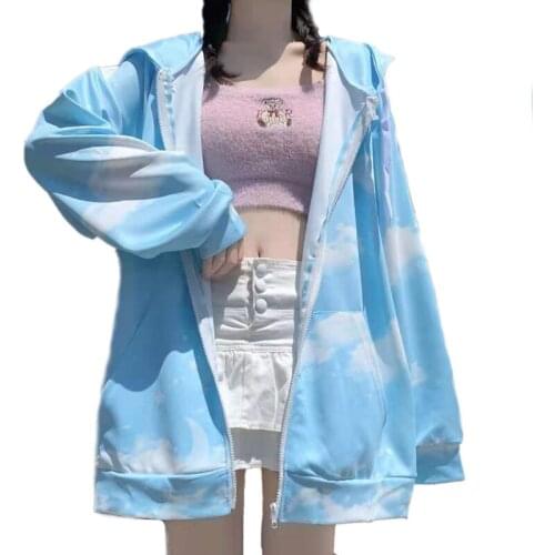 Autumn JK Style Female Casual Zip-Up Hoodies Sky Clouds Full Print Hooded Sweatshirt Teenager Girl Kangaroo Plus Pocket Outwear