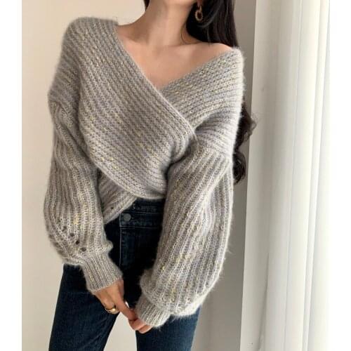 Casual all-match pullover sweater 2021 fall irregular lazy cross v-neck loose two-wear sweater fashionable womens clothing
