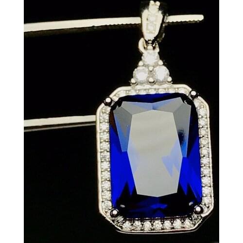 Luxury Square Blue Crystal Sapphire Gemstones Diamonds Pendant Necklaces for Women White Gold Color Party Jewelry Bijoux Gifts