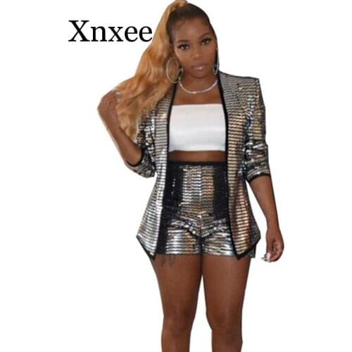 Sliver Sparkly Celebrity 2 Piece Set Women Sequin Cardigan Jacket and Shorts Suit Autumn Winter Matching Sets Conjunto Feminino
