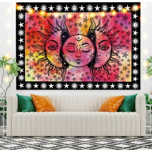 Warm Red Sun and Moom Printing Flowers Tapestry Vintage Exotic Summer Plant Nature Frame for Bedroom Photography Wall Decor