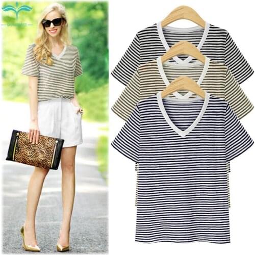 OUMOWEI Womens T-Shirt 2020 Fashion New Short-Sleeved Loose Striped V-Neck Solid Color Wild Casual