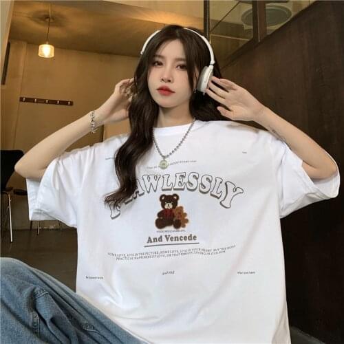 New summer bear letter printing short-sleeved T-shirt female loose Korean version of the wild student trendy top