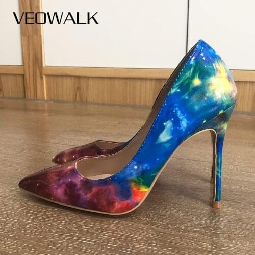 Veowalk Galaxy Printed Women Colorful Stilettos High Heels Sexy Ladies Slip on Pointed Toe Pumps Chic Club Party Shoes