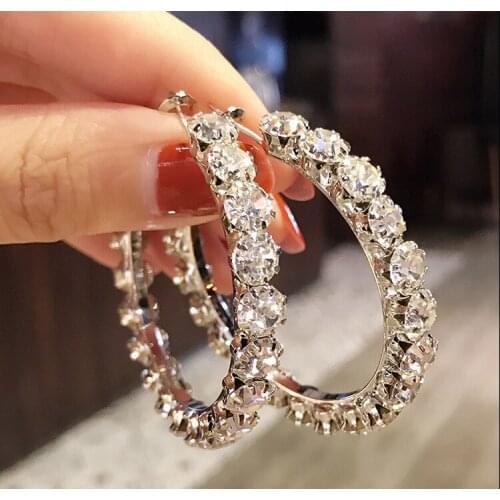 Nightclub Party Earrings Fashion Luxury Rhinestone Crystal Big Round Hoop Earrings Circle Simple Pierced Earrings Women