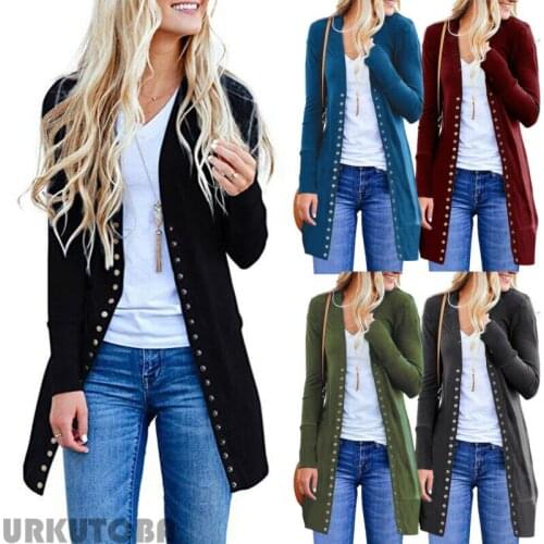 Women Deep V-Neck Long Sleeve Knitted Snap Button Long Cardigan Sweater Tops
