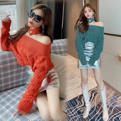 Women 2021 Spring Autumn OL Work Wear 2 Pieces Set Female Off Shoulder Knitted Sweater & Sheath Pencil Leather Skirt Sets C344