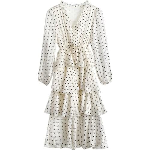 Women Fashion Tunic Dresses Spring Dot Print Ruffles Elegant Dress Women Casual V Neck Long Sleeve Midi Dresses Vestidos Verano