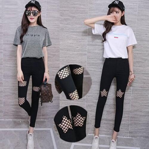 2021 Thin Ripped Pencil Pants Womens Fishnet Beggar Black Leggings Outer Wear Students Elastic Slimming Cropped Skinny Trousers