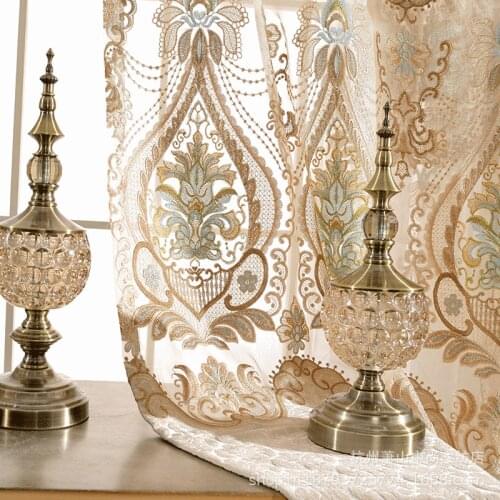 Beige Water Soluble Embroidery Applique Embroidered Jacquard Chenille Curtains Blackout Curtains for Living Room and Bedroom