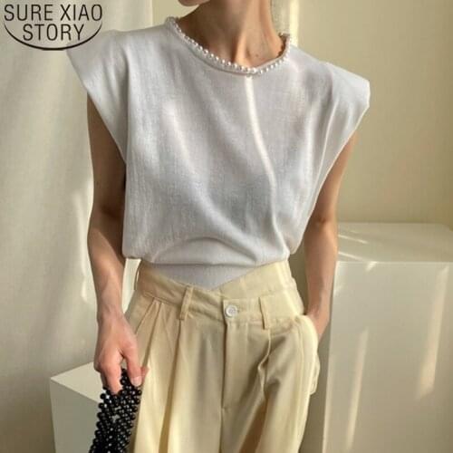 Short Sleeve Loose Blouse Fashion Elegant Beaded Knitted Tops 2021 Summer Korean Casual O Neck Women Shirts Solid Tops 14805
