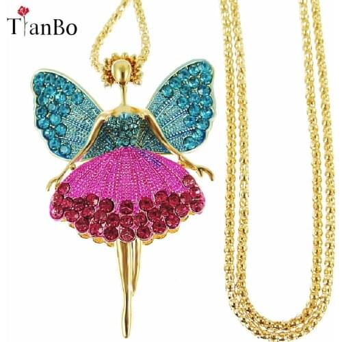 TianBo Statement Maxi Alloy Enamel Dance BALLET Girl Fairy Angel Necklace Chain Pendant 2018 Fashion New Enamel Jewelry Women