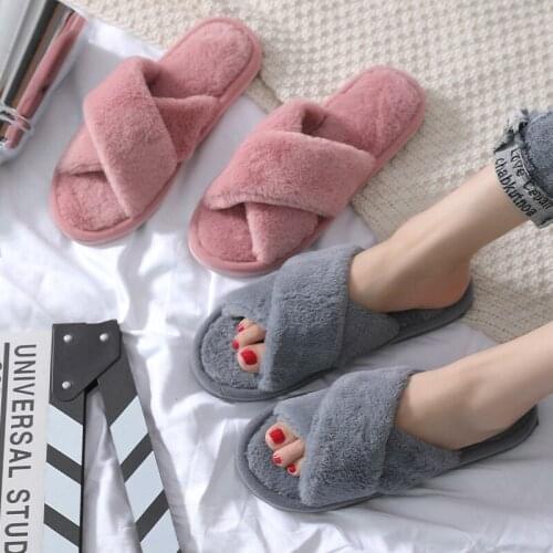 QWEEK Home Soft Slippers Women Fur Slides House Slipper Female Faux Fur Slipper Women Winter Warm Footwear Chinelos Thick