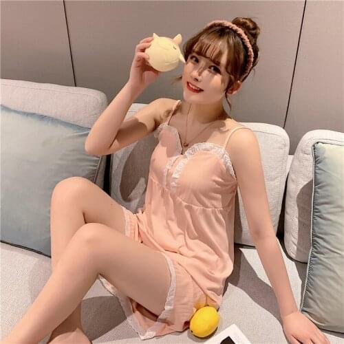 Home service suit new style with chest pad suspenders pajamas women summer sexy thin lace fashion bathrobe pink Sleepwear