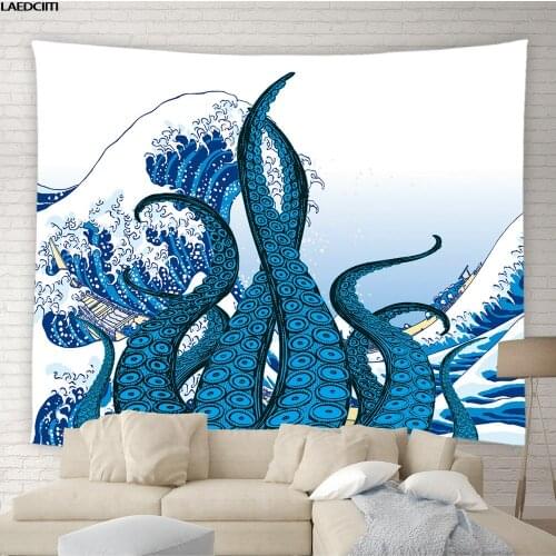 Octopus Tapestry Sea Animal Wave Creative Design Background Wall Hanging Sandy Beach Picnic Rug Home Decor Bedspread Sheet Cloth