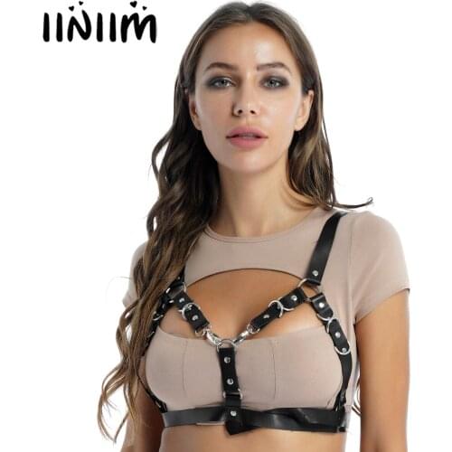 Hot Erotic Sexy Harness Women Rivet Chest Harness Belt Open Front Adjustable Buckle Straps Black Faux Leather Lingerie Bra Tops