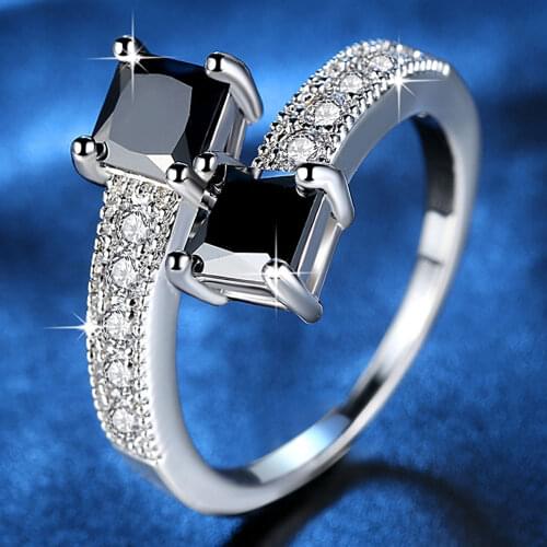 Hpxmas Silver Color female ring Double Black Stone Women Ring Zircon Elegant Square Wide Open Ring Gift For Women Dropshipping