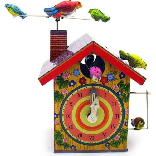 Adult Collection Retro Wind up toy Metal Tin rotating bird alarm clock bird house Clockwork toy model figures gift vintage toys