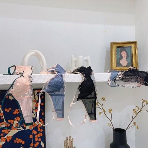 Flower Embroidery Ultra Thin Cotton BC Cup Bra Set Women Sexy Grenadine Big Size Girls Dress Intimates Push Up Underwear