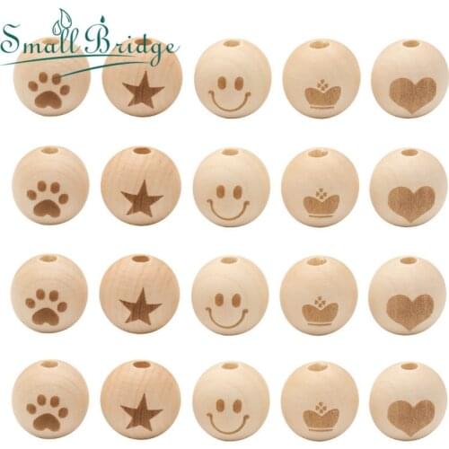 20mm Round Natural Wooden Beads Smiley Face/ Heart/Star Toys Bead for DIY Ball Wood Beads with Big Hole for Making Bracelet