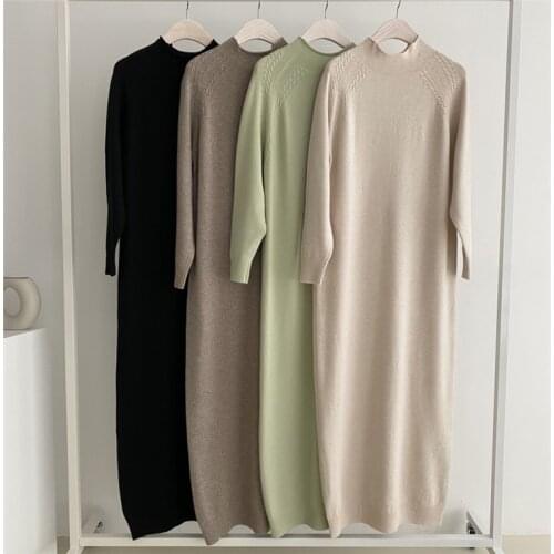 WTIANYUW Fashion Women Solid Beigu Half High Collar Sweater Dress Warm Thick Long Sleeve Ladies Warm Maxi Dress