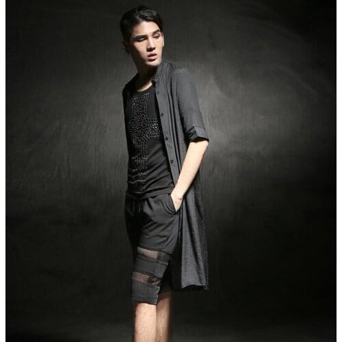 2016 New men clothing hair stylist summer male medium-long half sleeve shirt fluid fashion lace linen shirt singer costumes