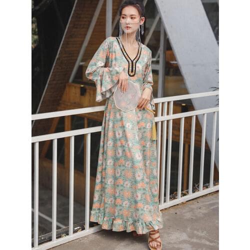 Summer New Style Chinese Style Retro Print Trumpet Sleeve Waist Long Dress Bohemia Beach Holiday Dress Ruffled Slimming Dress