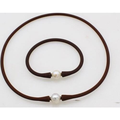 Freshwater pearl near round white 10-11mm and brown silicone necklace bracelet 40cm 19cm