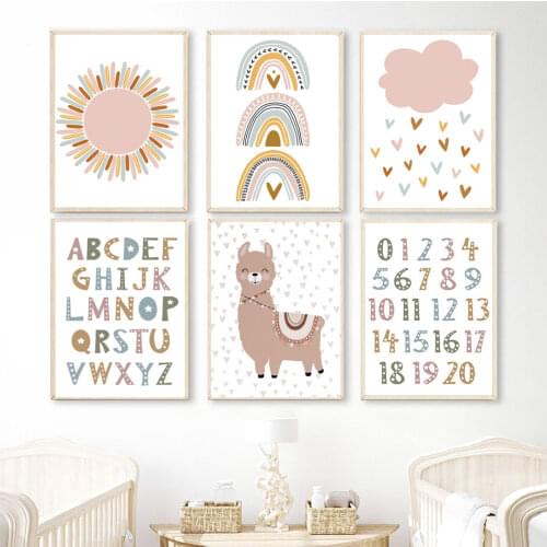 Rainbow Sun Cloud Alphabet ABC Alpaca Cute Wall Art Canvas Painting Nordic Posters And Prints Wall Pictures Kids Girl Room Decor