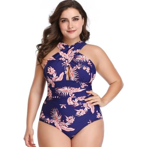S-3XL Large Size One-piece Swimsuit Cross-Covering Belly Nylon Printed Swimwear Women Backless Bodysuit Plus Size Beachwear