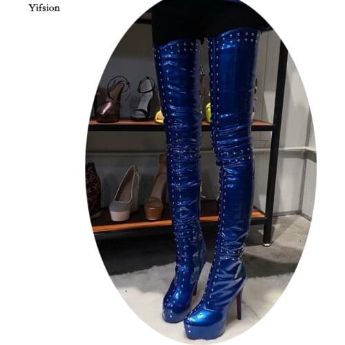 Olomm New Arrival Women Platform Thigh High Boots Stiletto High Heels Boots Round Toe Blue Party Shoes Women Plus US Size 5-15