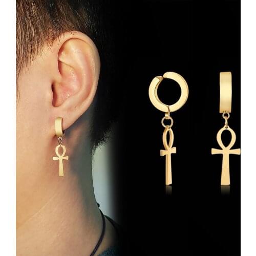 Clip On Non Piercing Mens Drop Cross Earrings Stainless Steel Egyptian Ankh Dangle Punk Earrings Stainless Steel Jewelry