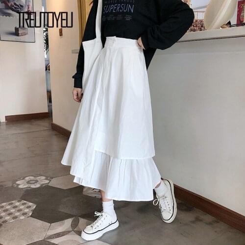 Treutoyeu 2020 Summer Harajuku Ladies Maxi Long Skirts with Pockets Asymmetrical White Black Cotton Skirt faldas largas