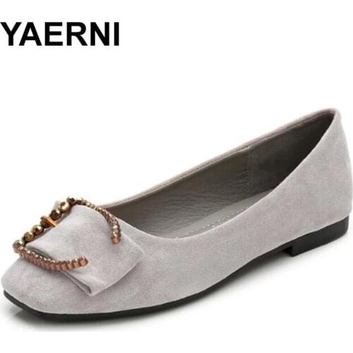 YAERNI Leather Casual Flat Shoes Woman Square Toe Slip on Shoes for Women 2021 Loafers Boat Shoes Woman Crystal Zapatos De Mujer