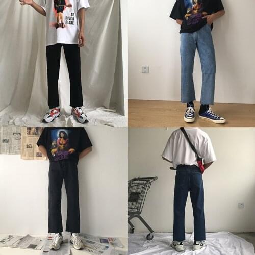 Korean Style Cropped Straight Jeans Men Bell Bottom Jeans Black Denim Jeans for Men Trousers Spring and Summer Youthful Vitality
