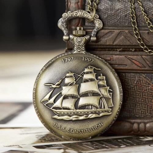 Vintage U.S.S.CONSTITUTION Fullmetal Alchemist Quartz Pocket Watch Men Women Sailboat Necklace Chain Steampunk Retro Clock