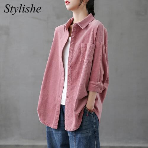 Harajuku Long Sleeve Shirt Jackets Women 2021 Plus Size Corduroy Oversized Casual Blouses and Shirts Female Loose Autumn Tops