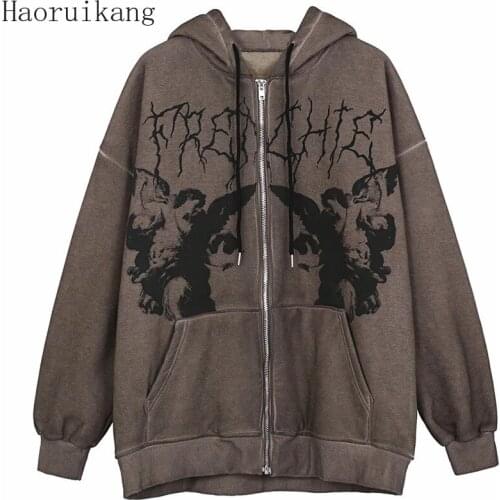 Vintage Women Hip Hop Streetwear Hoodies Female Zip Up Long Sleeve Angel Dark Print Jacket Coat Punk Outwear