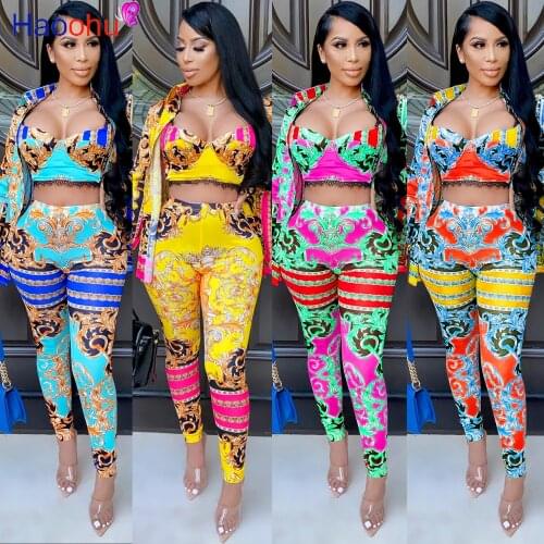 HAOOHU 2020 Autumn Winter Womens Set jacket+crop top+Pant Set Casual 3 Pieces Sets Outfit Active African Print party