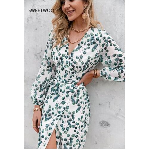 2021 Printed Spring and Summer Long-Sleeved Lace-Up A-Line Holiday Green Leaf Avant-Garde Womens Dress