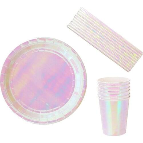2019 Disposable Tableware sets paper Plates/cups/straws Iridescent Wedding Birthday party rainbow Dish Eco-friendly Iridescent