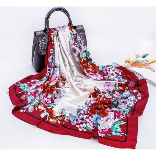 2021 New Satin Imitation Silk Scarf Women Chinese Painting Large Square Scarf 90cm Printing Custom Wholesale Scarf