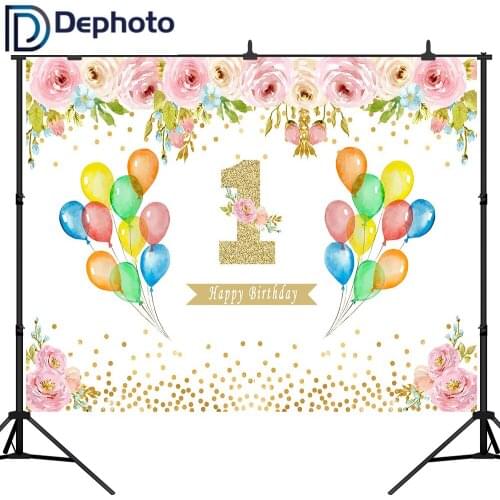 DePhoto 1st Birthday Floral Watercolor Flower Birthday Glitter Dots Gold Photography Backdrop Newborn Photo Background Studio
