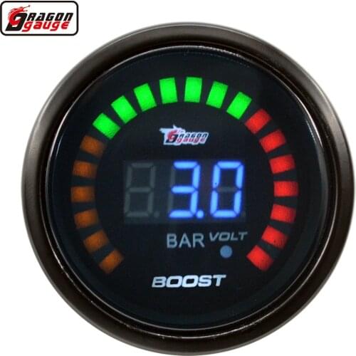 Dragon Gauge 52mm Black shell Auto Car Turbine Turbo Digital Boost gauge -1~ 3.0 Bar and Voltage Meter gauge