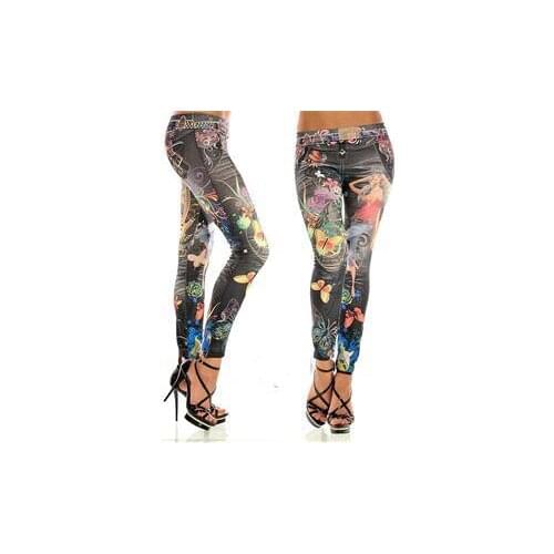 Elastic Ankle-length Slim Punk Style Faux Denim Pencil Pants Sexy Women Leggings Butterfly Flower Printed Imitation Jeans