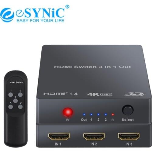 ESYNiC 3 In 1 Out HDMI Switcher 3 Port HDMI Switch HDMI Hub Support 4K 3D With IR Remote Control For PS3 PS4 TV Box Laptop