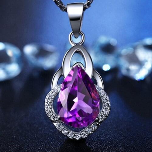 FYSL Silver Plated Water Drop Purple Amethysts Crystal Pendant for Women Necklace with Rhinestone Jewelry