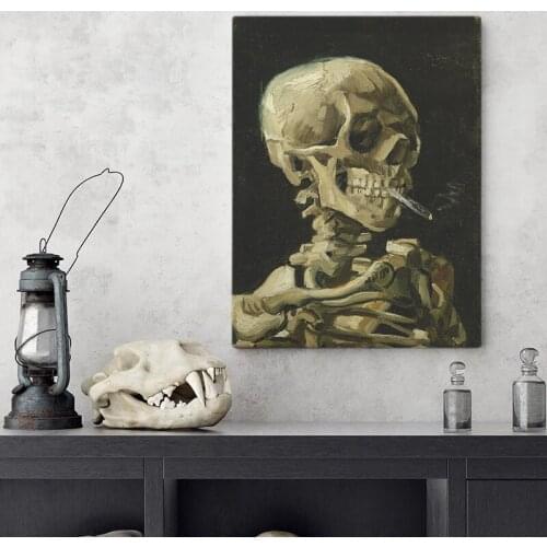 Smoking Skeleton Canvas Painting Printed Abstract Artwork Skull Posters Retro Wall Art Room Office Home Decor Unframed