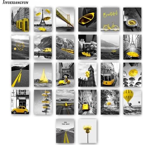 City Street Landscape Bridge Yellow Umbrella wall paintings Print Poster Wall art Picture for Living Room Home Decor